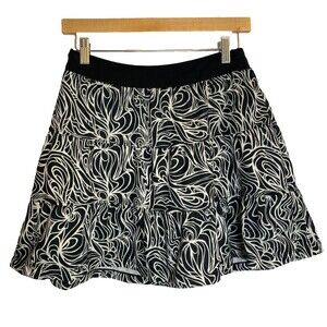 Prana Tiered Ruffle Skirt Black White Abstract Print Size Small Stretch Waist